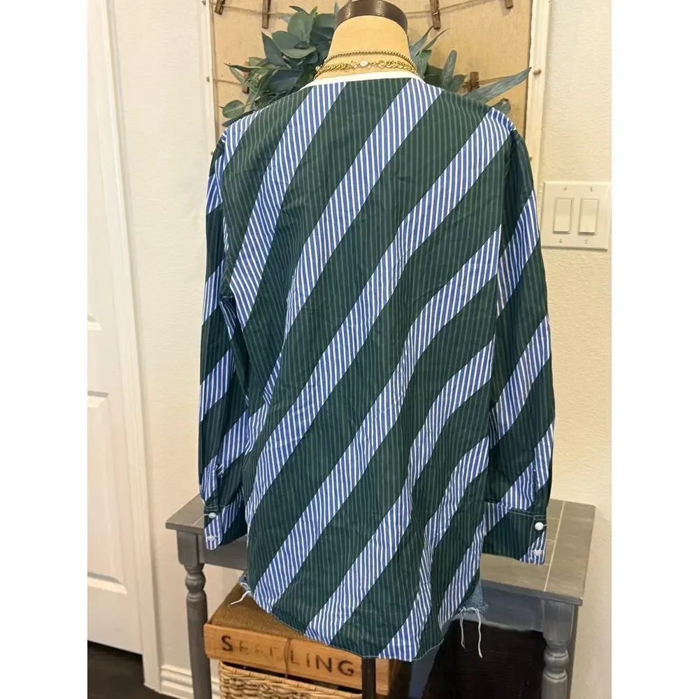 TORY BURCH Overprinted Tie-Front Top in Diagonal Stripe size 10 Blue Green
